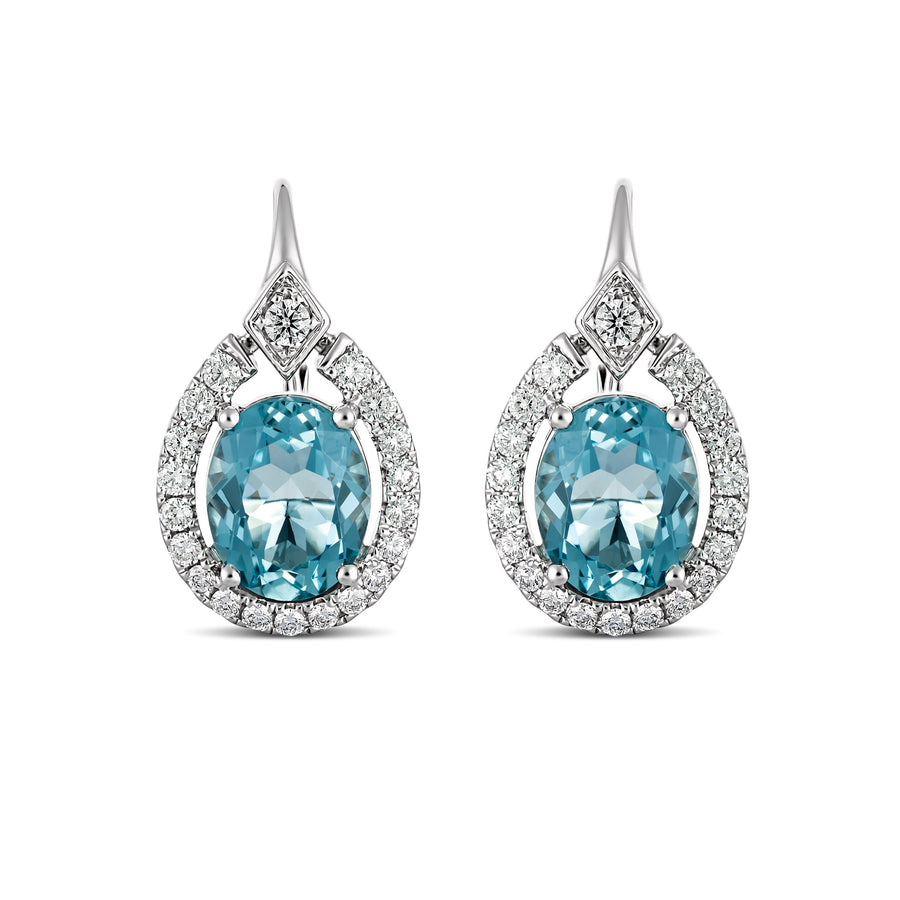 Regal Collection® Oval Cut Aquamarine and Diamond Halo Earrings | White Gold