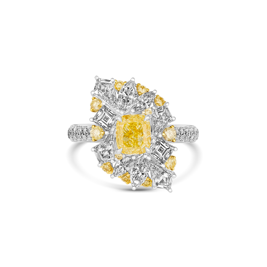 Hello Yellow Cluster Natural Diamond Ring | Platinum
