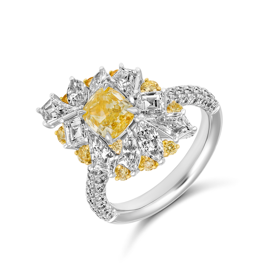 Hello Yellow Cluster Natural Diamond Ring | Platinum