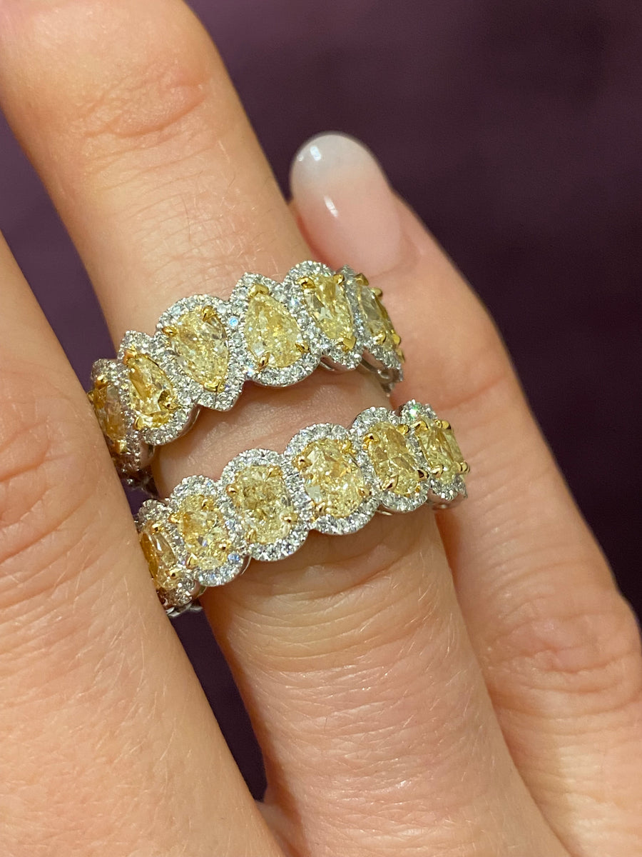 Riviera Oval Shaped Fancy Yellow Diamond Halo Eternity Ring | 18K White Gold