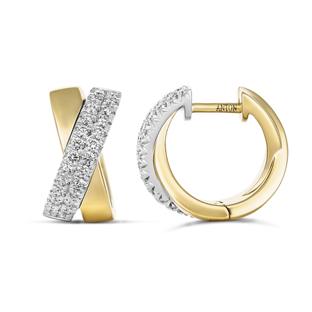 Krisscut Eclipse Crossover Two Tone Diamond Hoops | 18K Yellow Gold + White Gold
