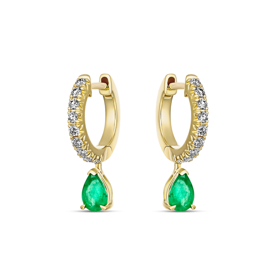 Krisscut Emerald and Diamond Mini Pear Drop Huggies | 18k Yellow Gold