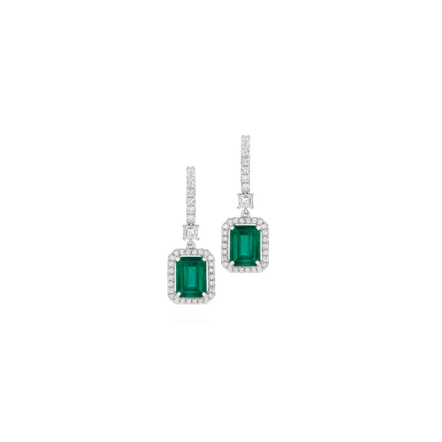 High Jewellery Collection Emerald Cut Diamond Halo Drop Earrings | White Gold