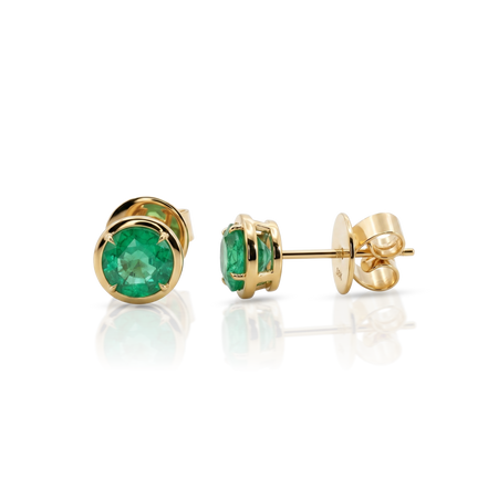 Luminous Round Brilliant Cut Emerald Stud Earrings | 18K Yellow Gold
