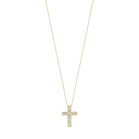 Luminous Assher and Emerald Cut Diamond Cross | 18K Yellow Gold