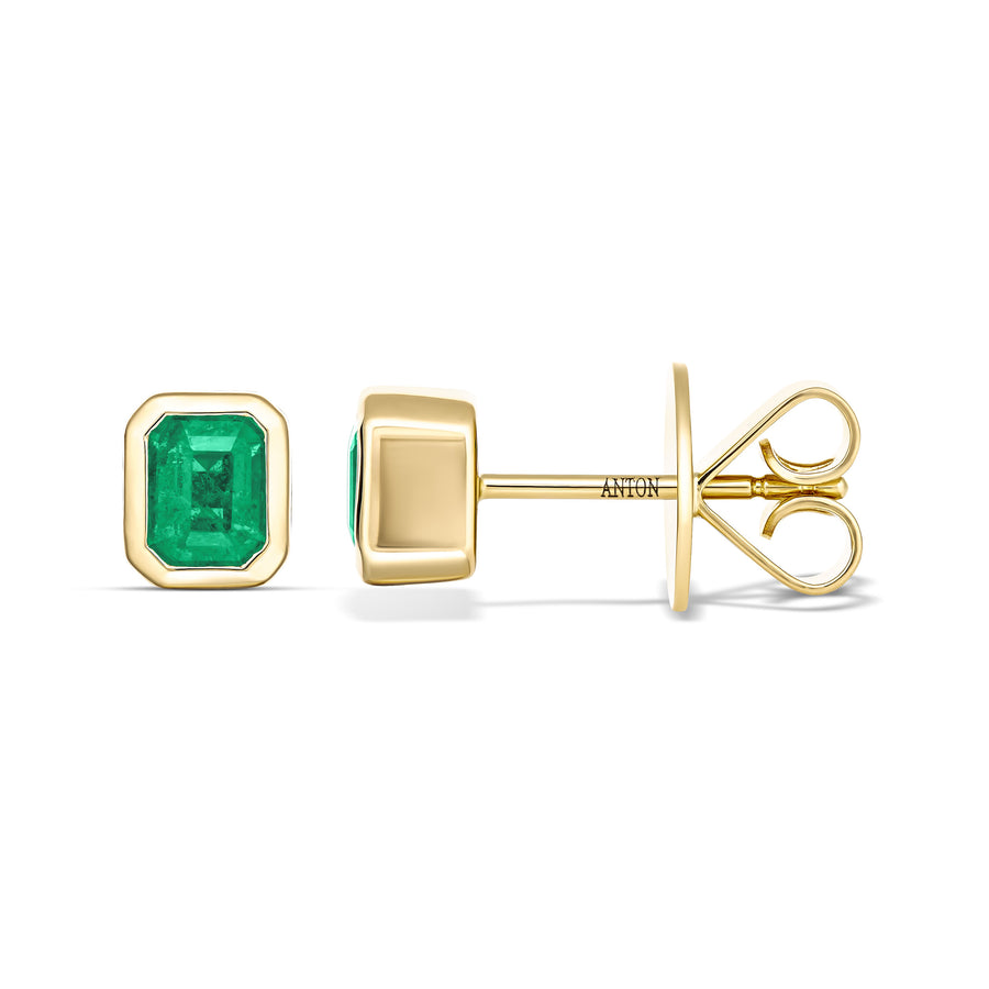 Riviera Emerald Cut Emerald Gemstone Bezel Studs | Yellow Gold