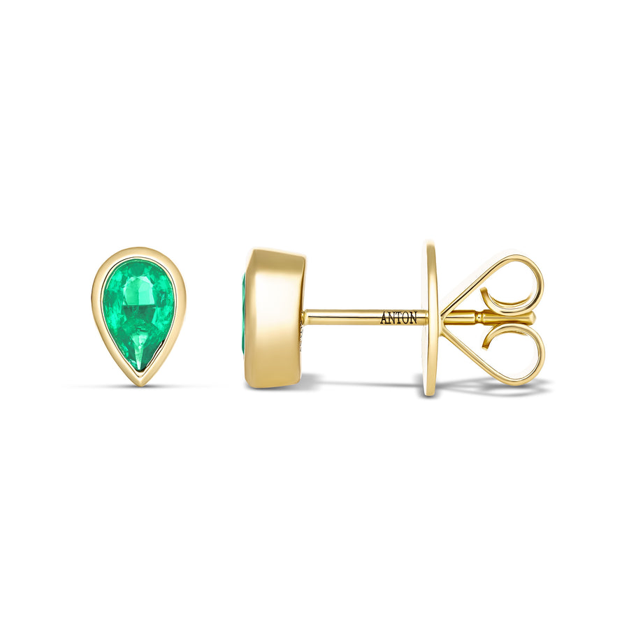 Riviera Pear Cut Emerald Gemstone Bezel Studs | Yellow Gold