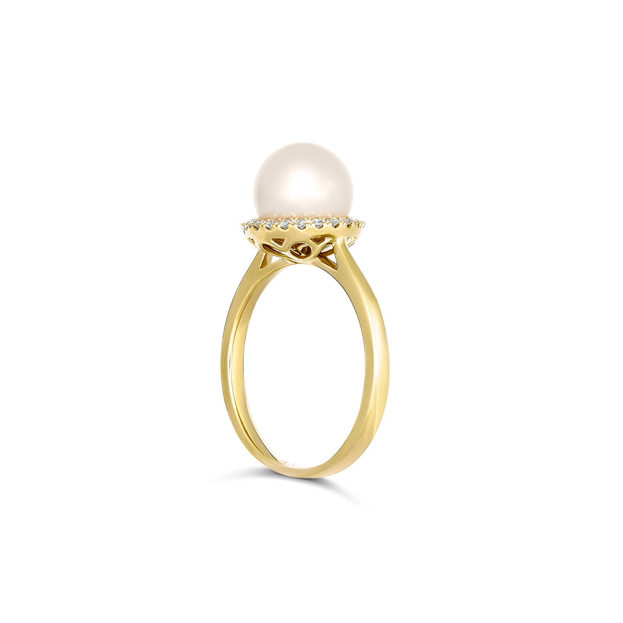 Classic Akoya Pearl and Diamond Halo Ring | 18K Yellow Gold