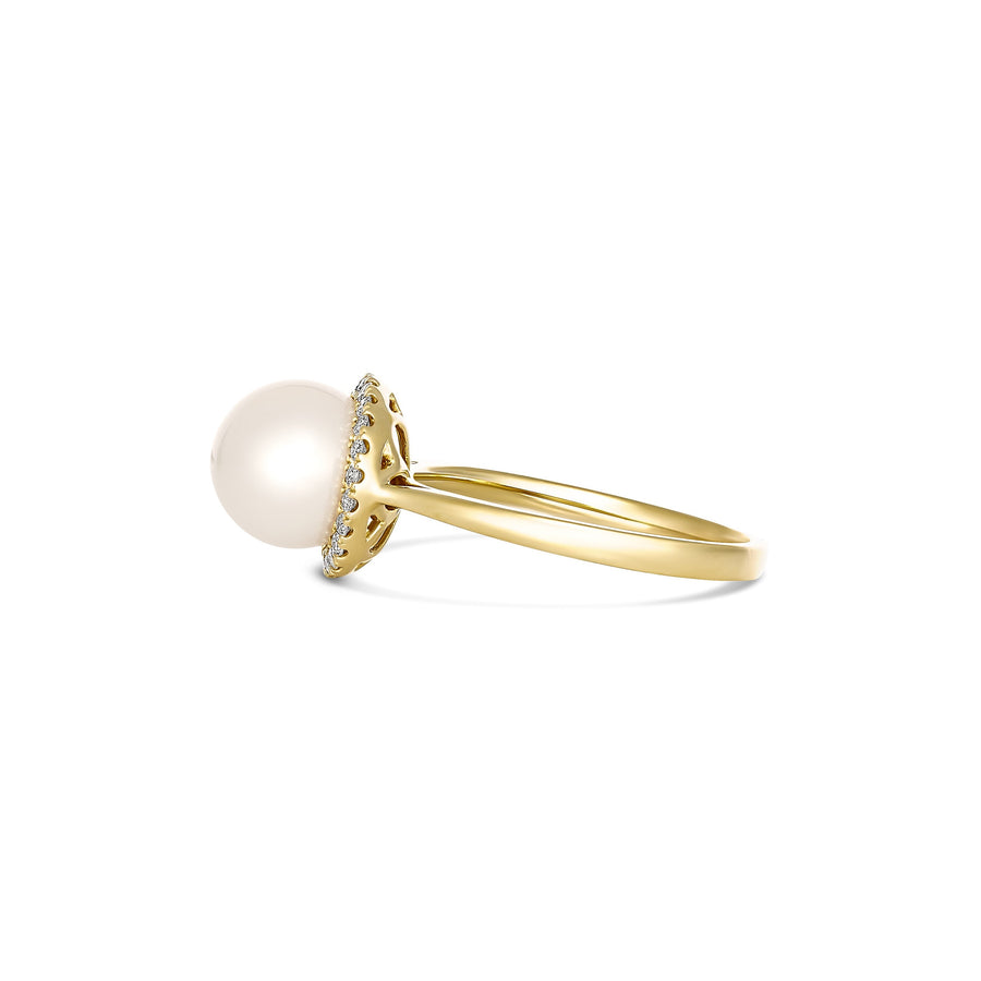 Classic Akoya Pearl and Diamond Halo Ring | 18K Yellow Gold