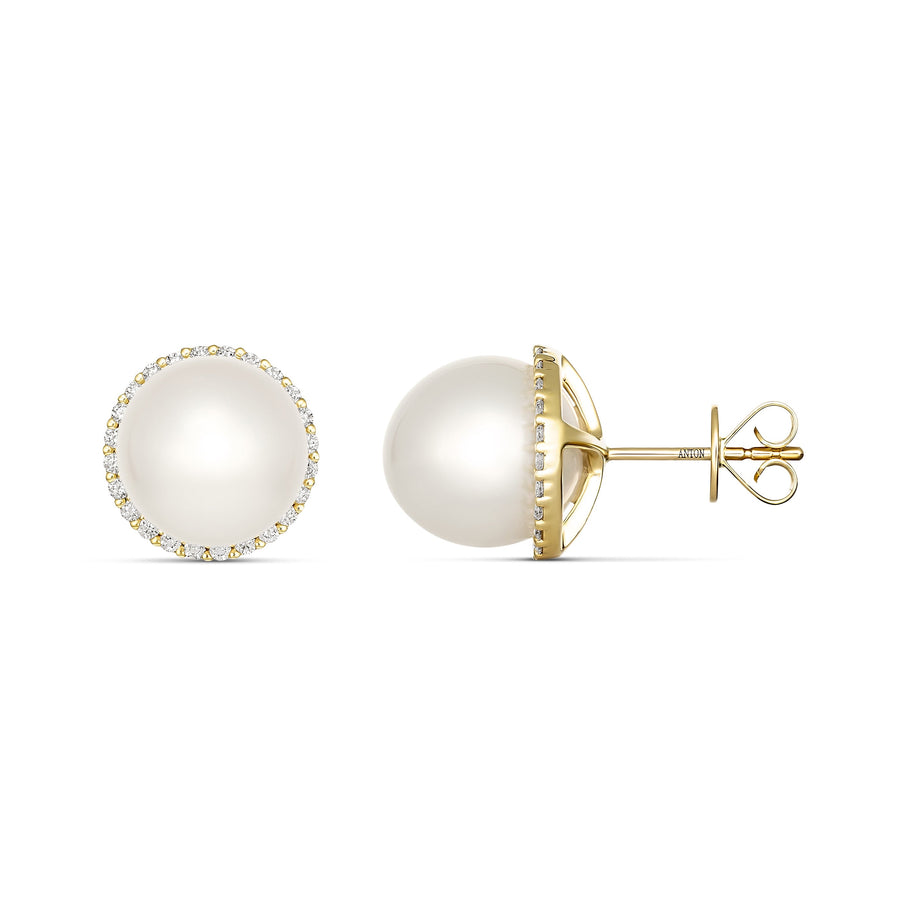 Classic South Sea Pearl and Diamond Halo Stud Earrings | 18K Yellow Gold