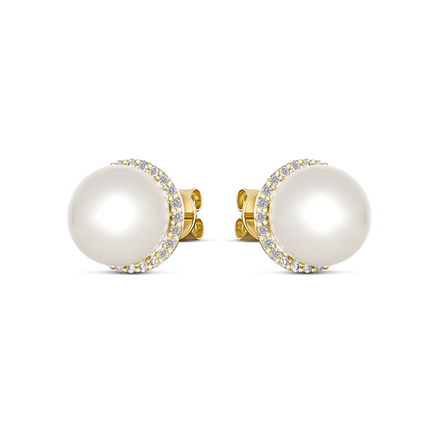 Classic South Sea Pearl and Diamond Halo Stud Earrings | 18K Yellow Gold