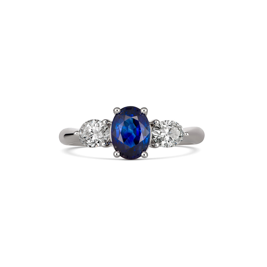 Regal Collection® Three Stone Oval Cut Blue Sapphire and Diamond Ring | Platinum