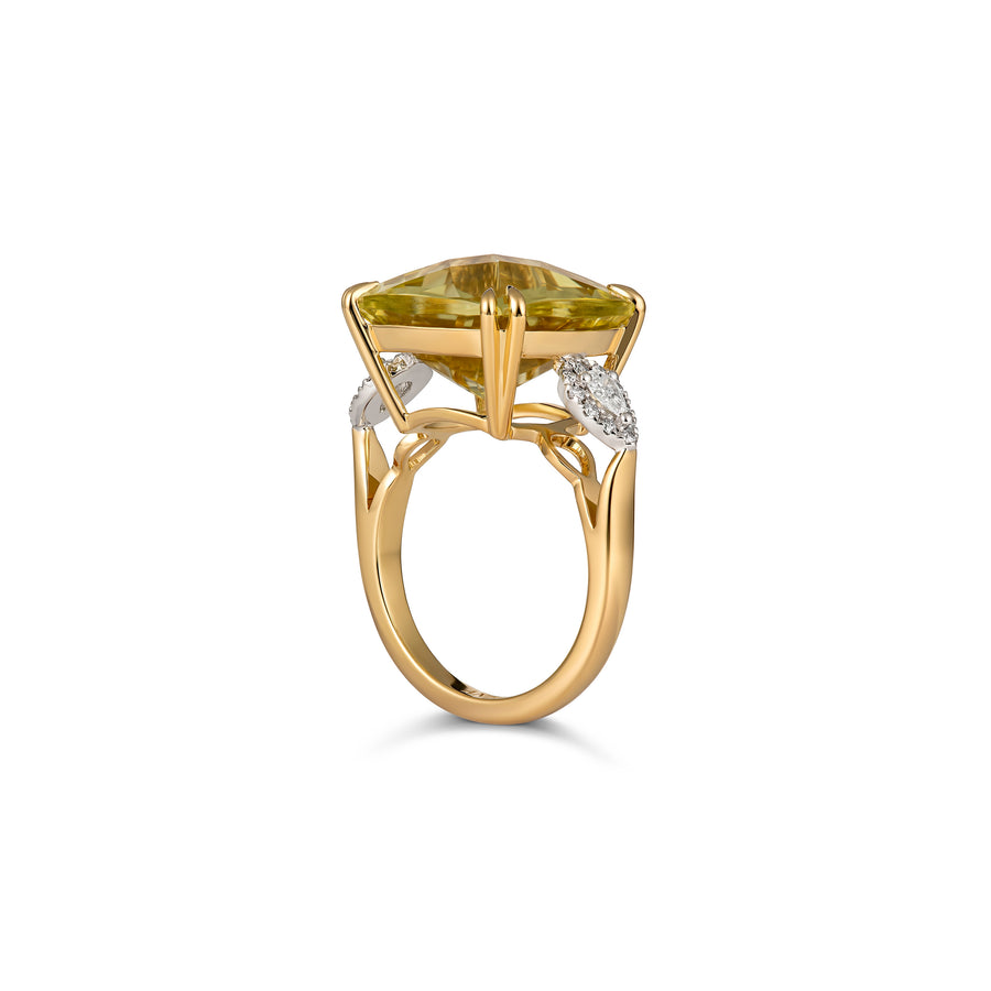 Regal Collection® Cushion Cut Lemon Quartz Three Stone Diamond Ring | Yellow Gold