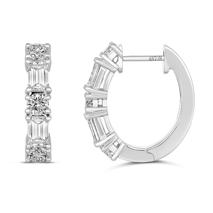 Riviera Emerald and Round cut Large Diamond Hoops | 18k White Gold