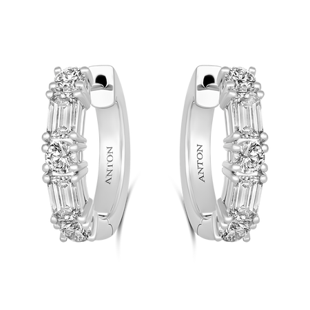 Riviera Emerald and Round cut Large Diamond Hoops | 18k White Gold