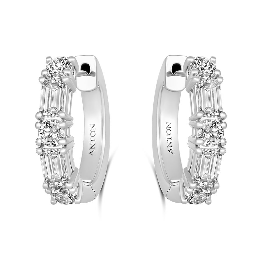 Riviera Emerald and Round cut Medium Diamond Hoops | 18k White Gold