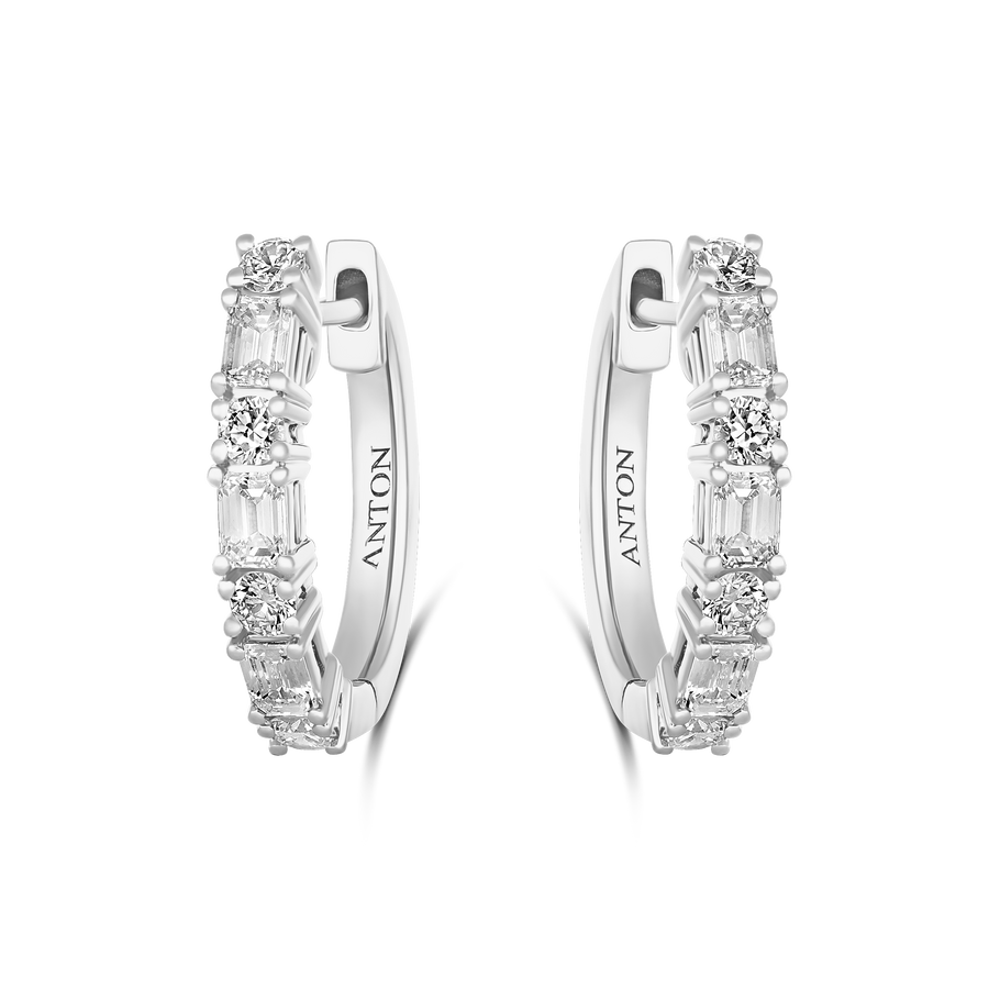 Riviera Emerald and Round cut Medium Diamond Hoops | 18k White Gold
