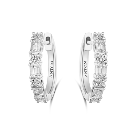 Riviera Emerald and Round cut Medium Diamond Hoops | 18k White Gold