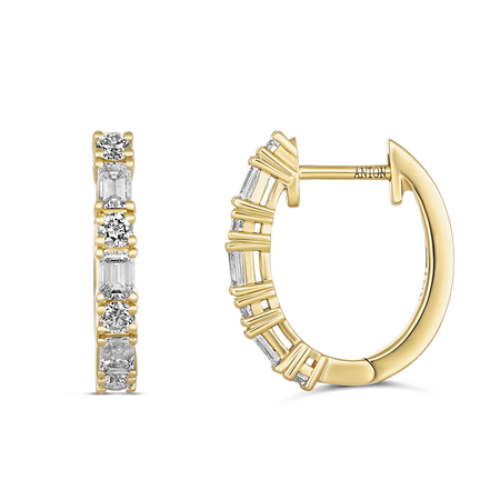 Riviera Emerald and Round Cut Medium Diamond Hoops | 18k Yellow Gold