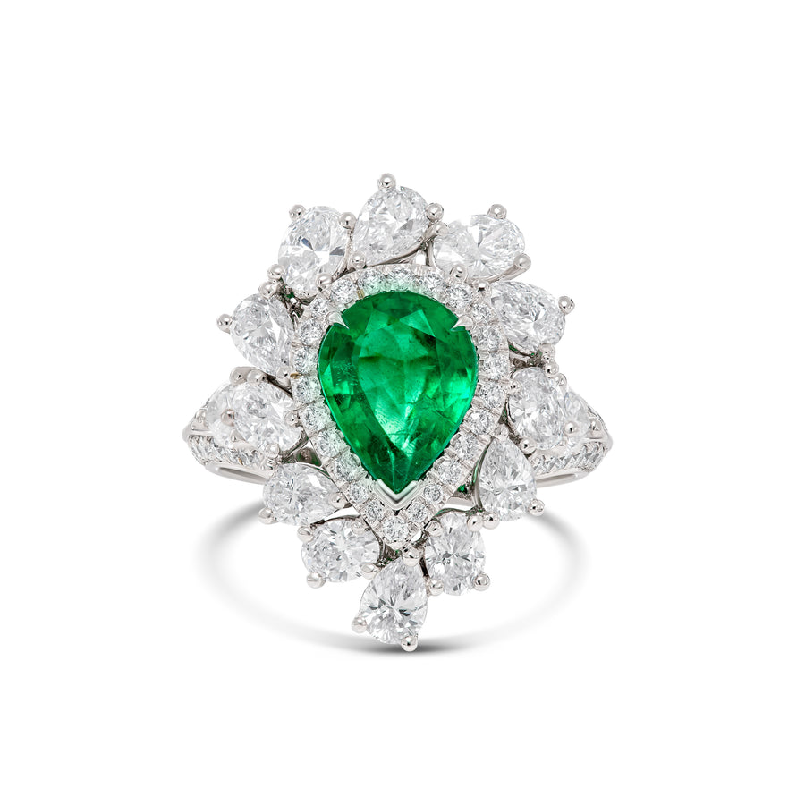 Riviera Pear Cut Emerald Gemstone and Diamond Ring | Platinum