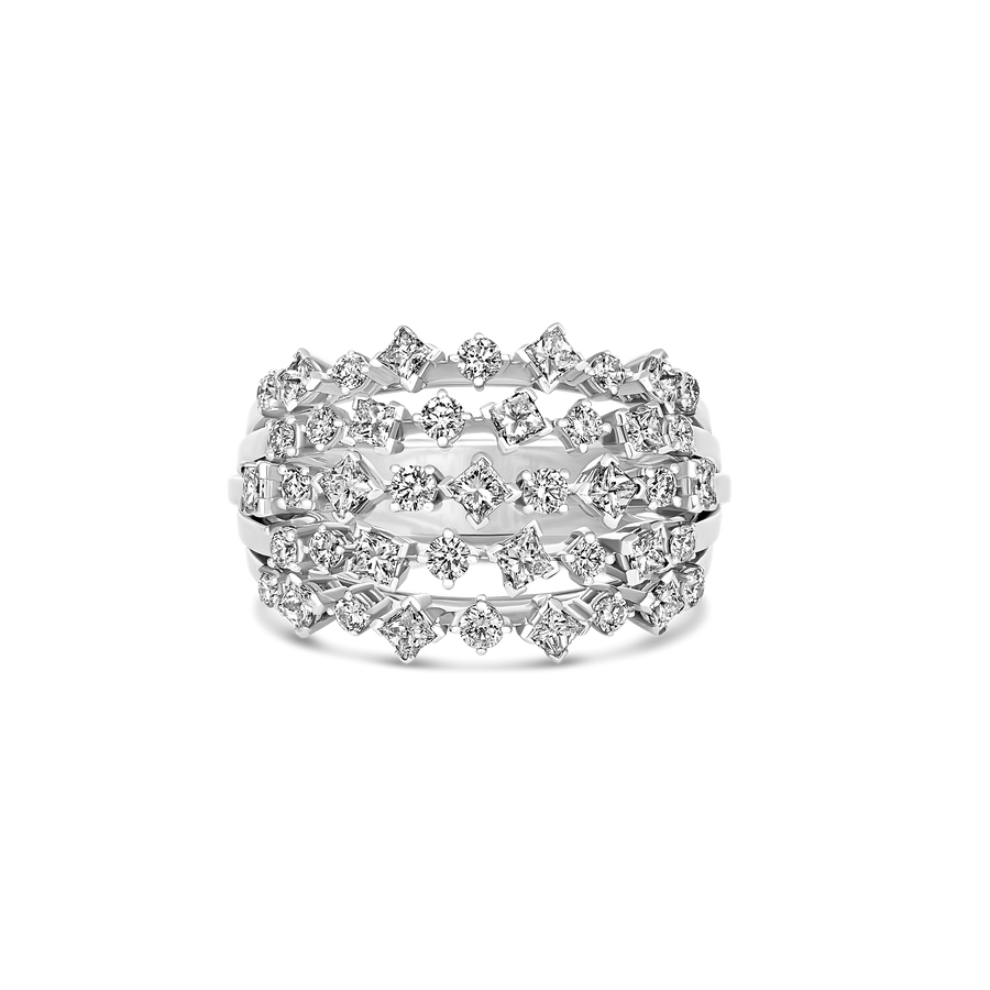 Riviera Princess And Brilliant Cut Diamond Multi-Row Ring | 18K White Gold