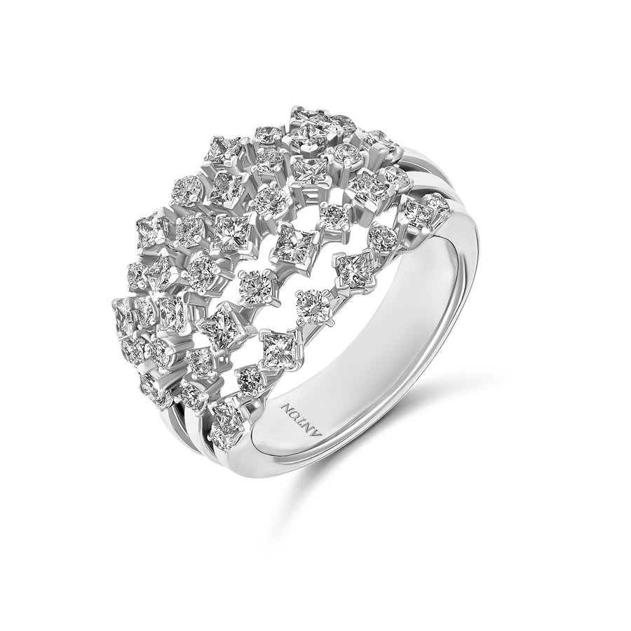Riviera Princess And Brilliant Cut Diamond Multi-Row Ring | 18K White Gold