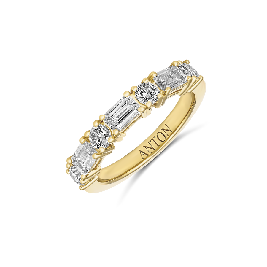 Riviera Emerald and Round cut Diamond Ring | 18k Yellow Gold