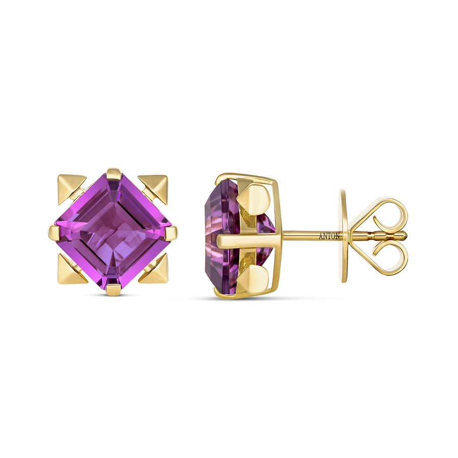 R.08® Vivant Purple Amethyst Coloured Gemstone Stud Earrings | 18K Yellow Gold