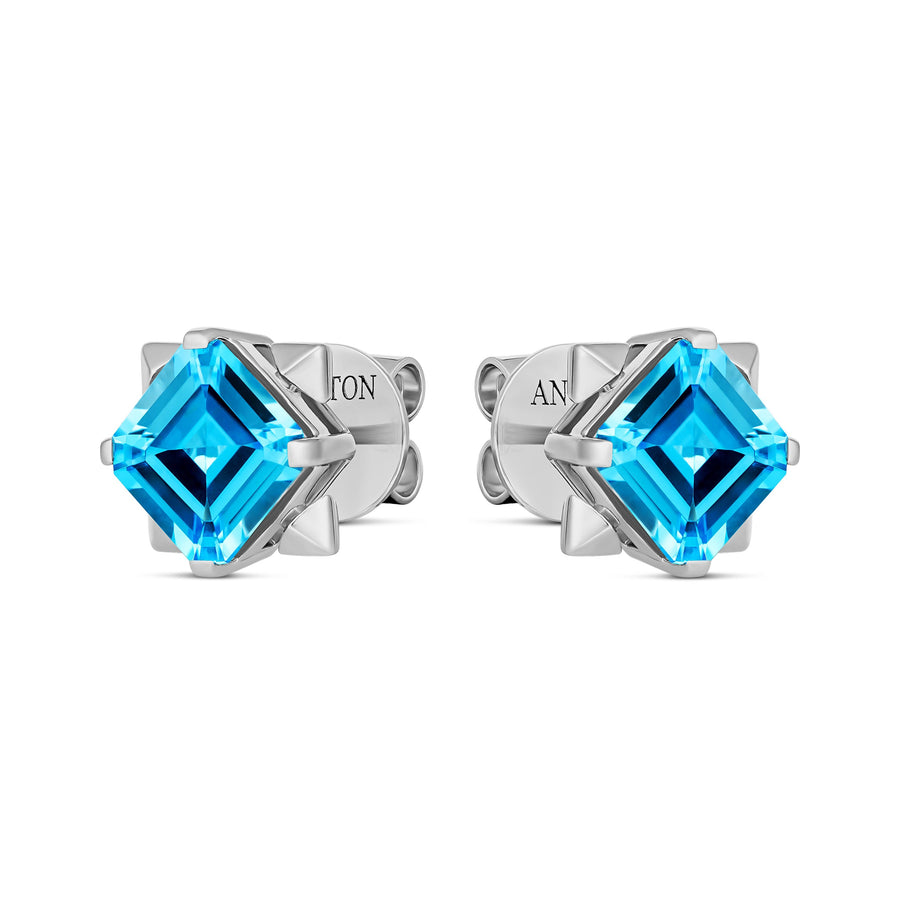 R.08® Vivant Blue Topaz Coloured Gemstone Stud Earrings | 18K White Gold