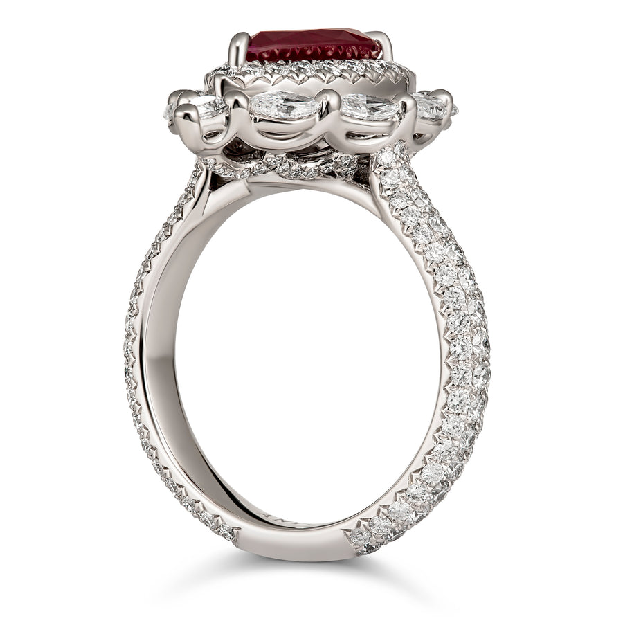 Regal Collection® Pear Cut Ruby and Double Diamond Halo Ring | Platinum