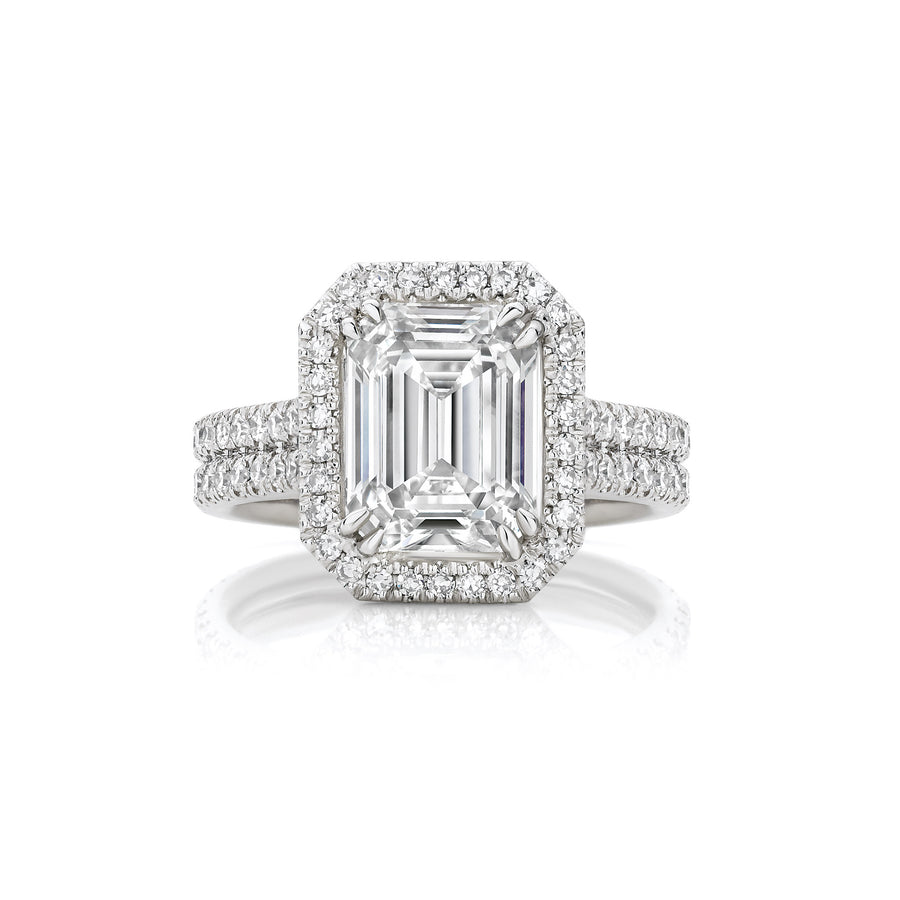Classic Engagement Emerald Cut Diamond Ring with Halo | Platinum