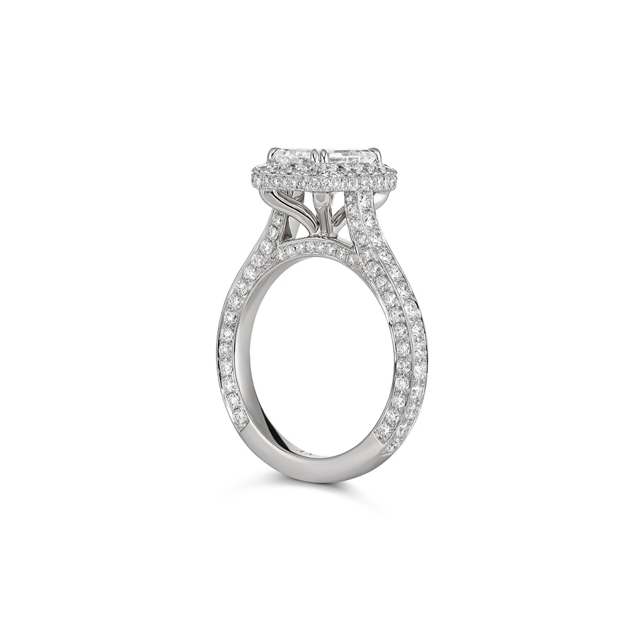 Classic Engagement Emerald Cut Diamond Ring with Diamond Halo | Platinum