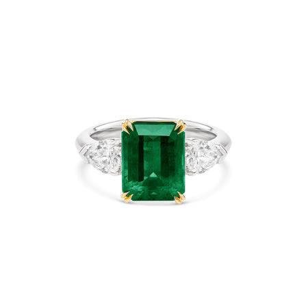 High Jewellery Three Stone Emerald and Diamond Ring | White Gold