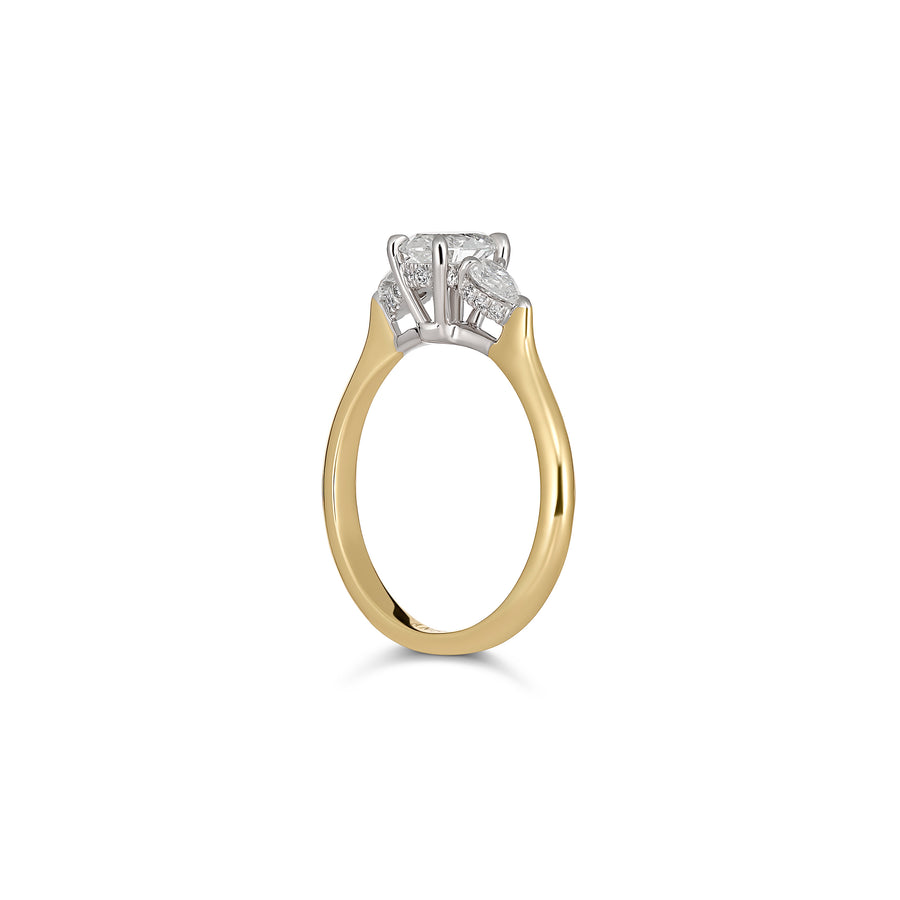Classic Engagement Three Stone Oval and Pear Cut Diamond Ring | Yellow Gold