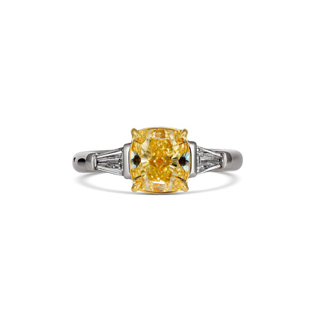 Hello Yellow® Cushion Cut Three Stone Diamond Ring | Platinum