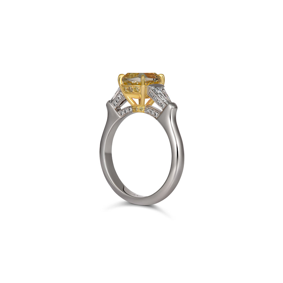Hello Yellow® Cushion Cut Three Stone Diamond Ring | Platinum