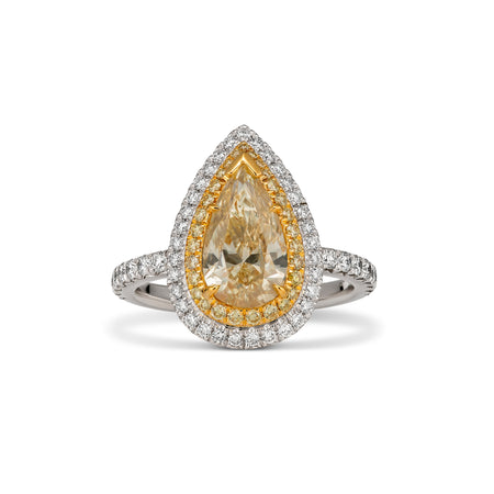 Hello Yellow® Pear Cut Fancy Yellow Diamond Ring with Diamond Halo | Platinum