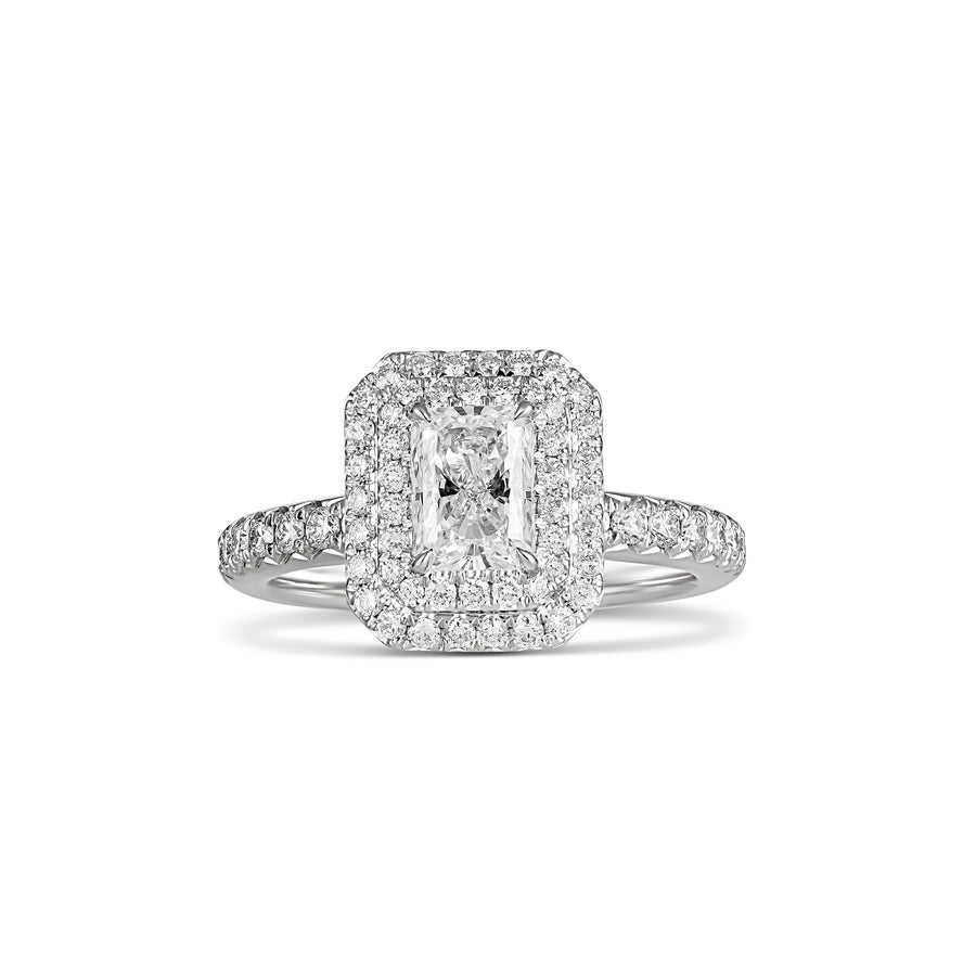 Classic Engagement Radiant Cut Diamond Ring with Diamond Halo | Platinum