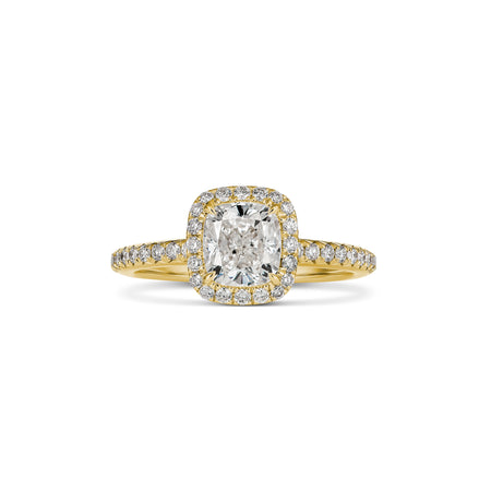 Classic Minelli Cushion Cut Diamond Ring with Diamond Halo | 18K Yellow Gold