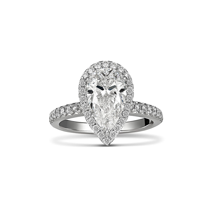Classic Engagement Pear Cut Diamond Ring with Diamond Halo | Platinum