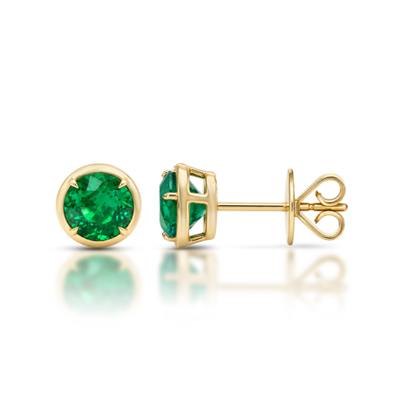 Luminous Round Brilliant Cut Emerald Stud Earrings | 18K Yellow Gold