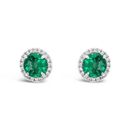 Regal Collection® Emerald and Diamond Halo Earrings | White Gold