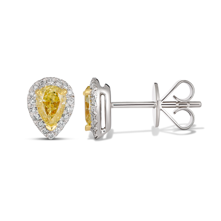 Riviera Pear Shaped Fancy Yellow Diamond Halo Studs | 18K White Gold