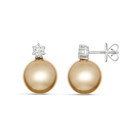 Classic Golden Pearl Diamond Drop Earrings | 18K White Gold