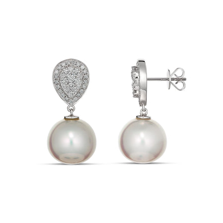 Promise Pear Halo Diamond and Pearl Drop Earrings