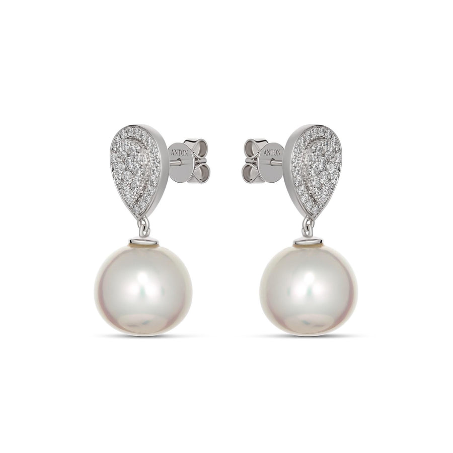 Promise Pear Halo Diamond and Pearl Drop Earrings | White Gold