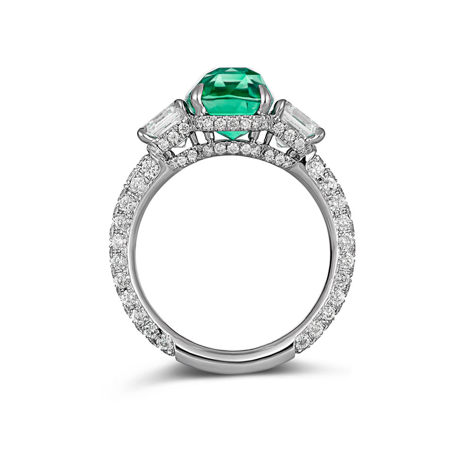 High Jewellery Three Stone Cushion Cut Emerald Gemstone and Diamond Ring | Platinum