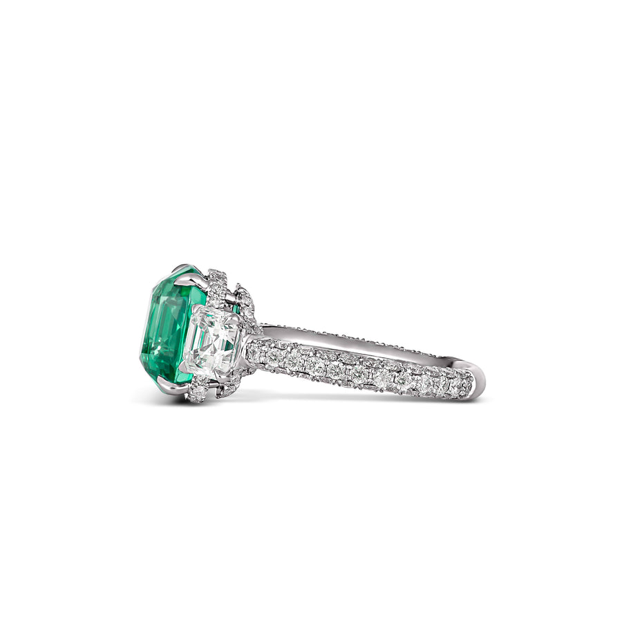 High Jewellery Three Stone Cushion Cut Emerald Gemstone and Diamond Ring | Platinum