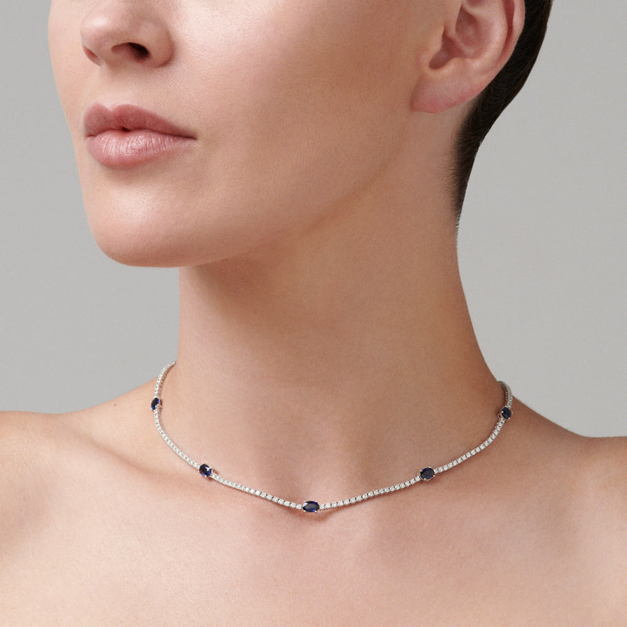 Classic Tennis Necklace with Sapphire Gemstones | White Gold