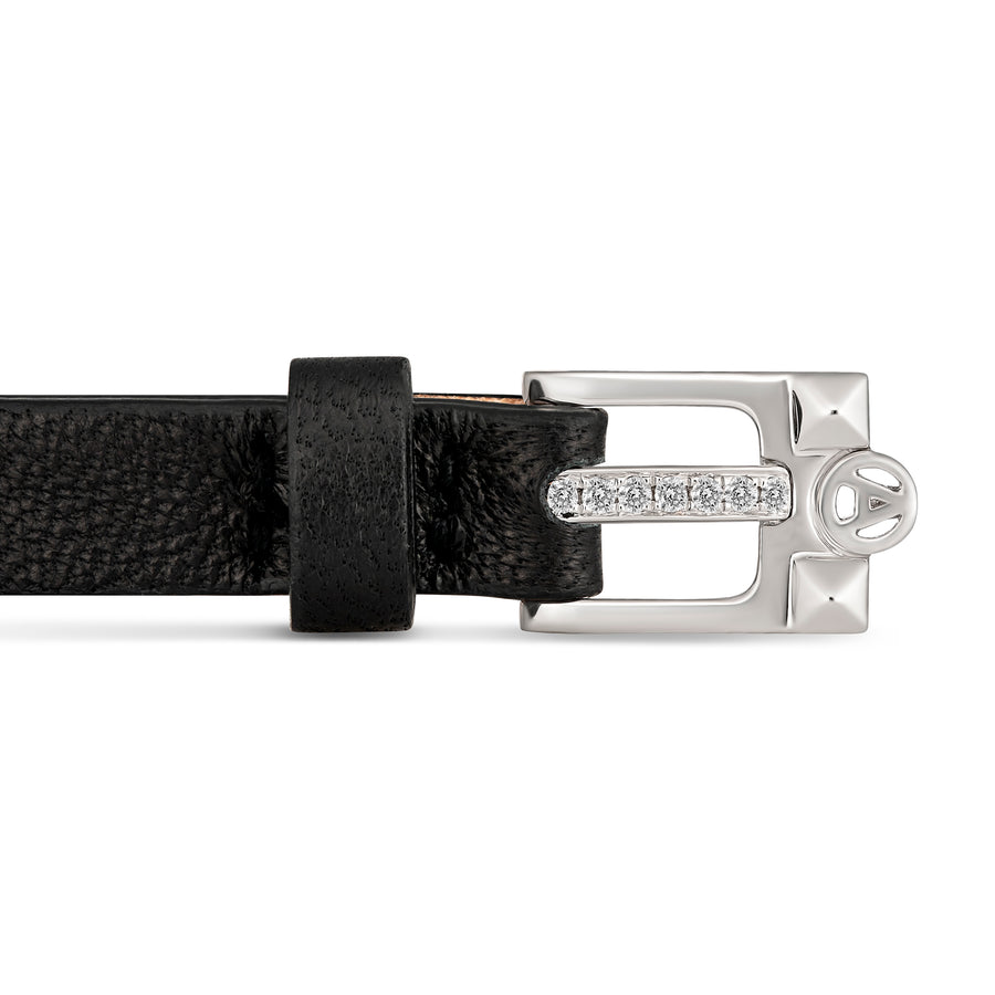 Leather Double Loop Bracelet with White Diamond Buckle | White Gold